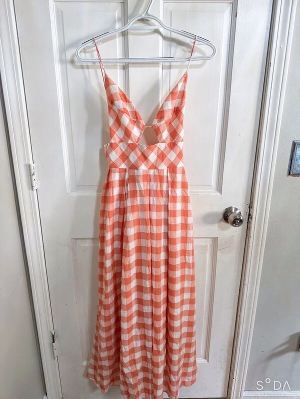 Women's Orange Gingham Midi Dress with Front Cutout